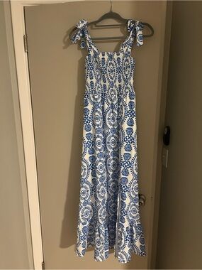 Blue and White Tie-Shoulder Maxi Dress